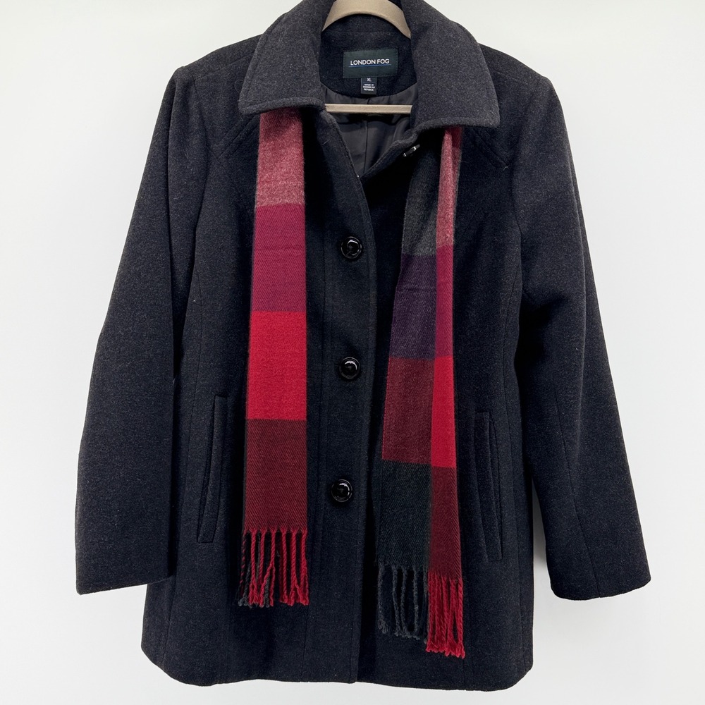 London Fog Womens XL Charcoal Gray Wool Blend Coat with Plaid Scarf 175069